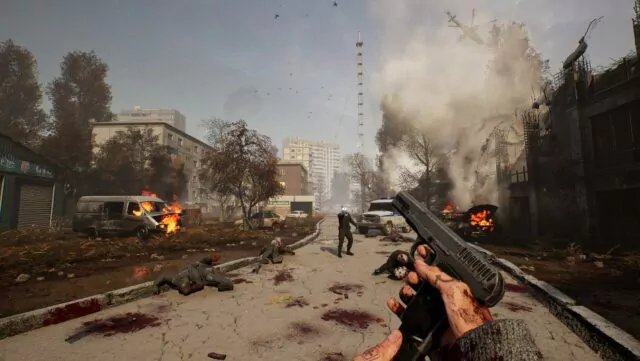 Scène post-apocalyptique dans le jeu vidéo Vladik Brutal avec combat armé en pleine rue